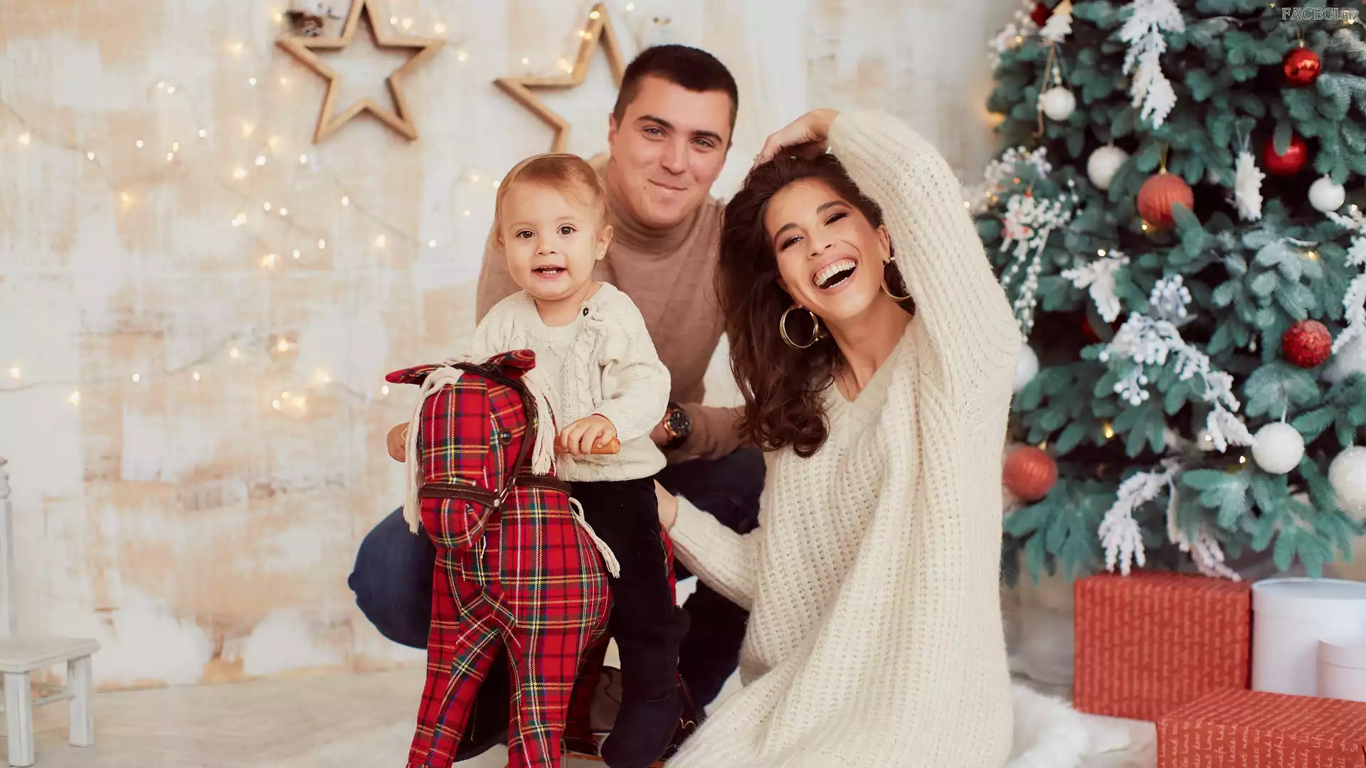 Prezenty, Dziecko, Kobieta, Święta, Choinka, Mężczyzna, Rodzina