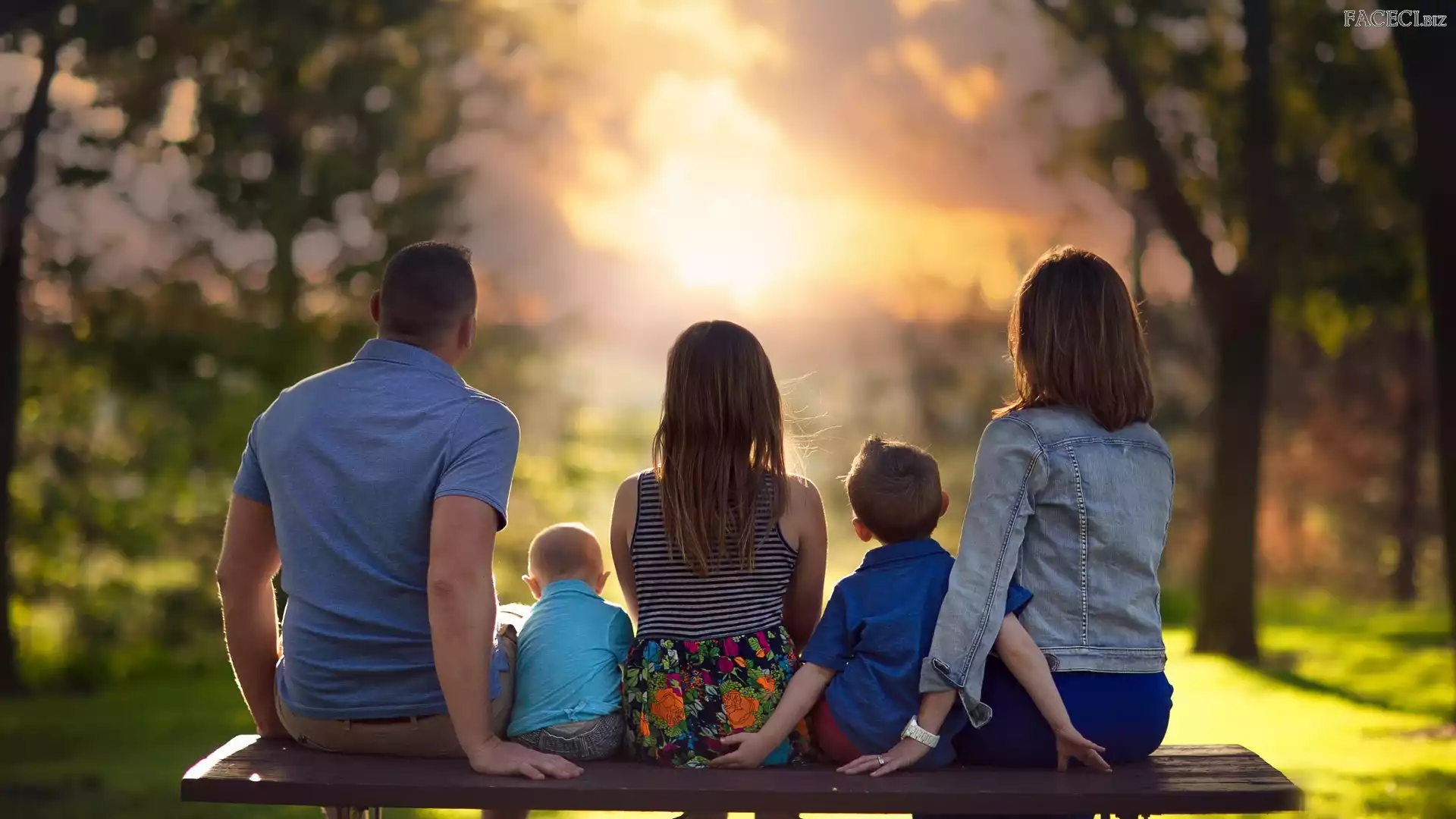 Dziecko, Mężczyzna, Zachód słońca, Ławka, Kobieta, Rodzina