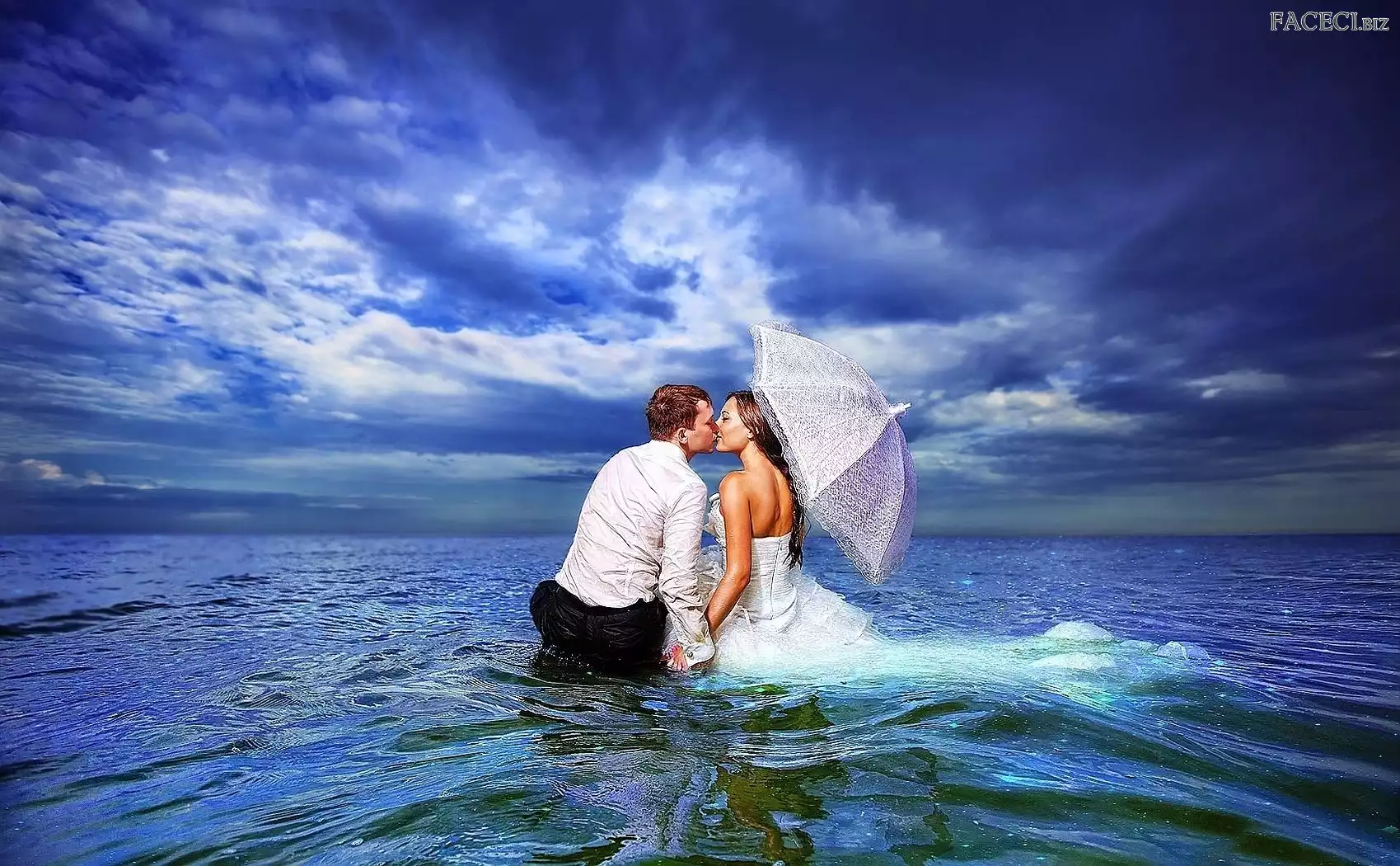 Mężczyzna, Parasol, Kobieta, Woda