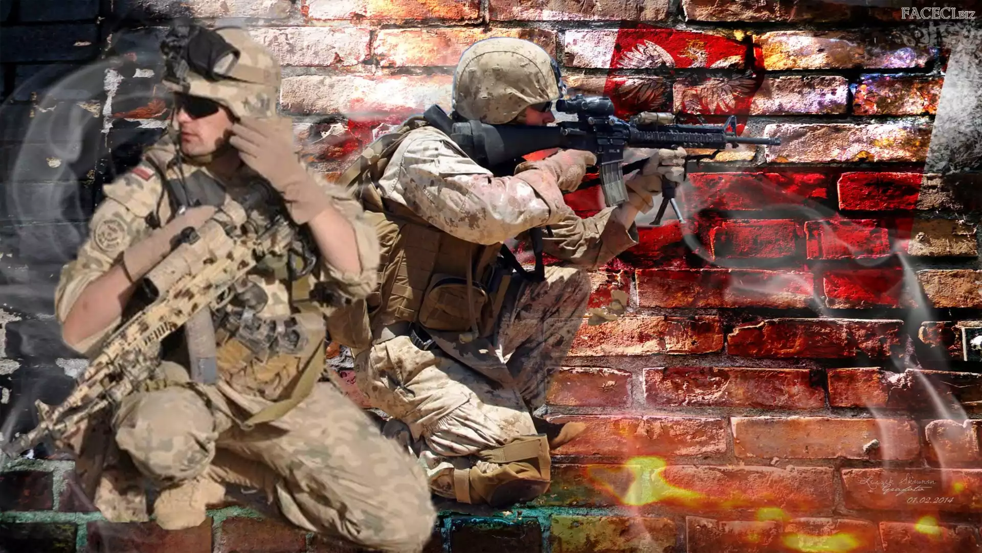 Orzeł, Żołnierze, Mur, Flaga, Cegła, Okulary