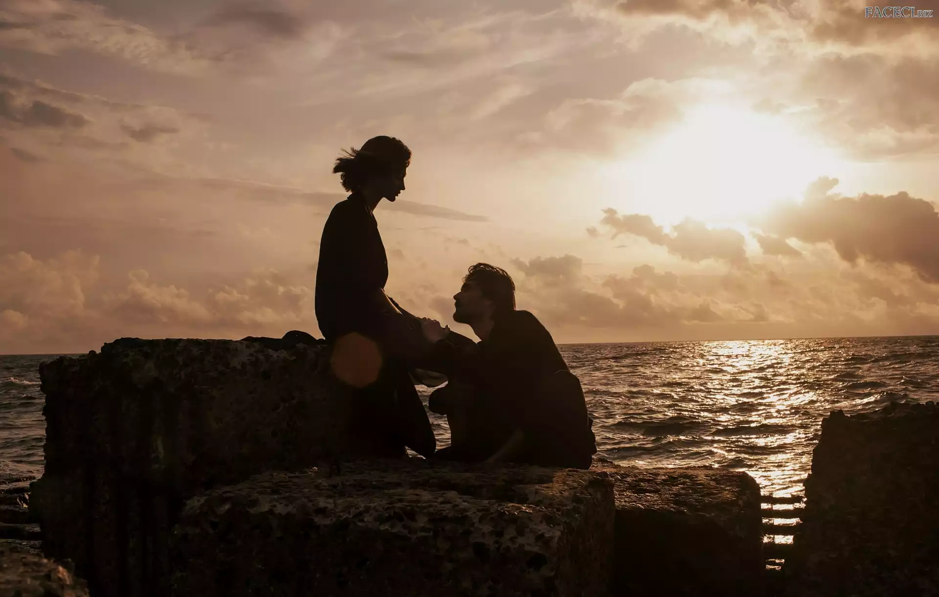 Para, Mężczyzna, Zmrok, Skały, Kobieta, Morze