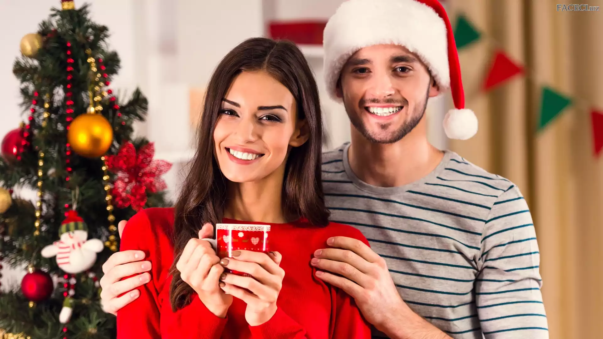 Choinka, Uśmiech, Kobieta, Mikołaja, Filiżanka, Mężczyzna, Czapka